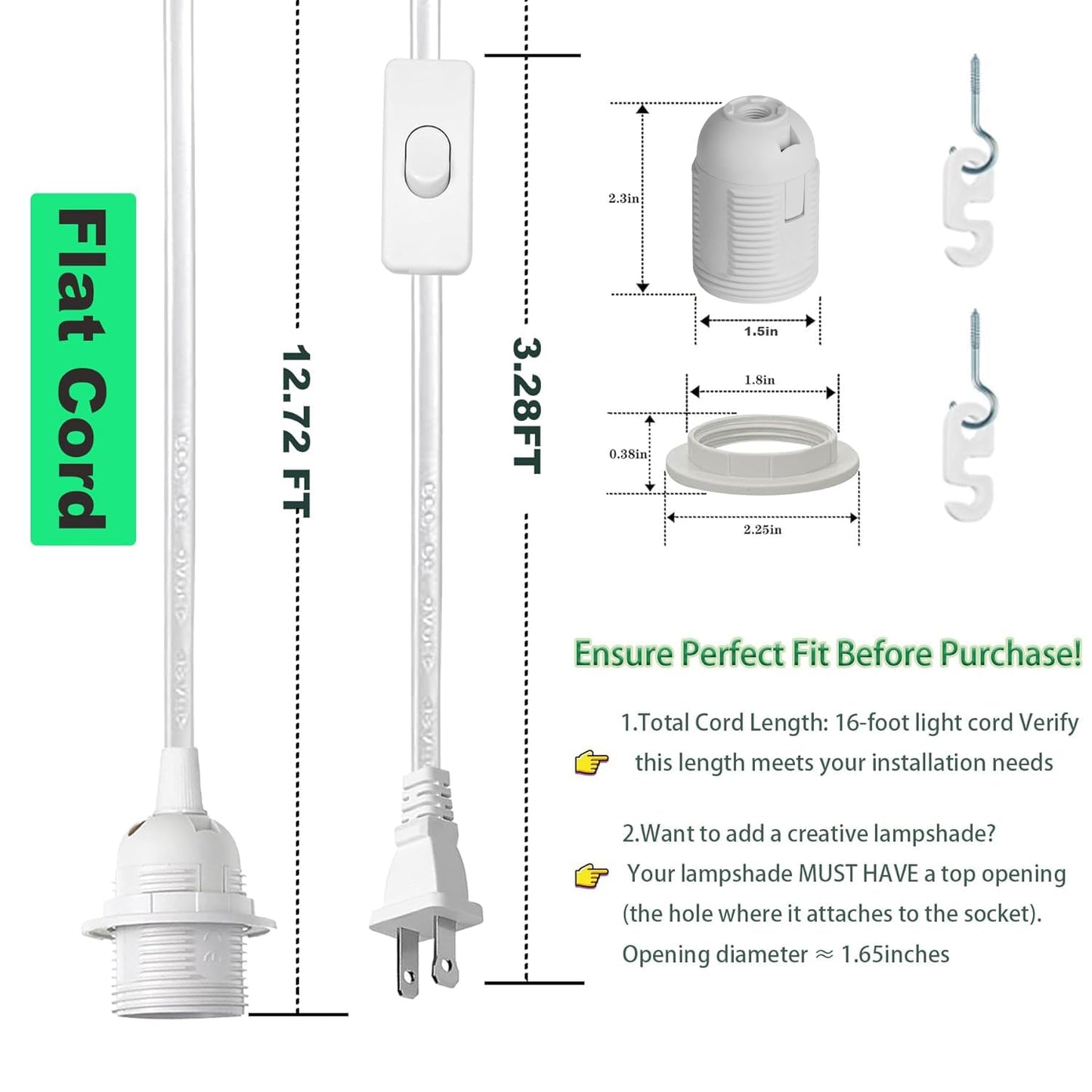 Zarnicy Plug in Light Socket - 16Ft Pendant Light Cord Kit E26/E27 Light Socket Hanging Lantern Lamp Cord with On/Off Switch,Socket Rings, 2 Pack, White