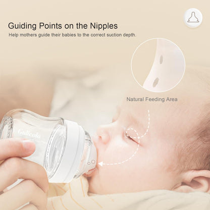 Gulicola Natural Glass Baby Bottle 8 oz for Breastfed Babies, Anti-Colic Baby Bottle Set with Medium Flow Nipple, 3 Months +, 4 Pack - White