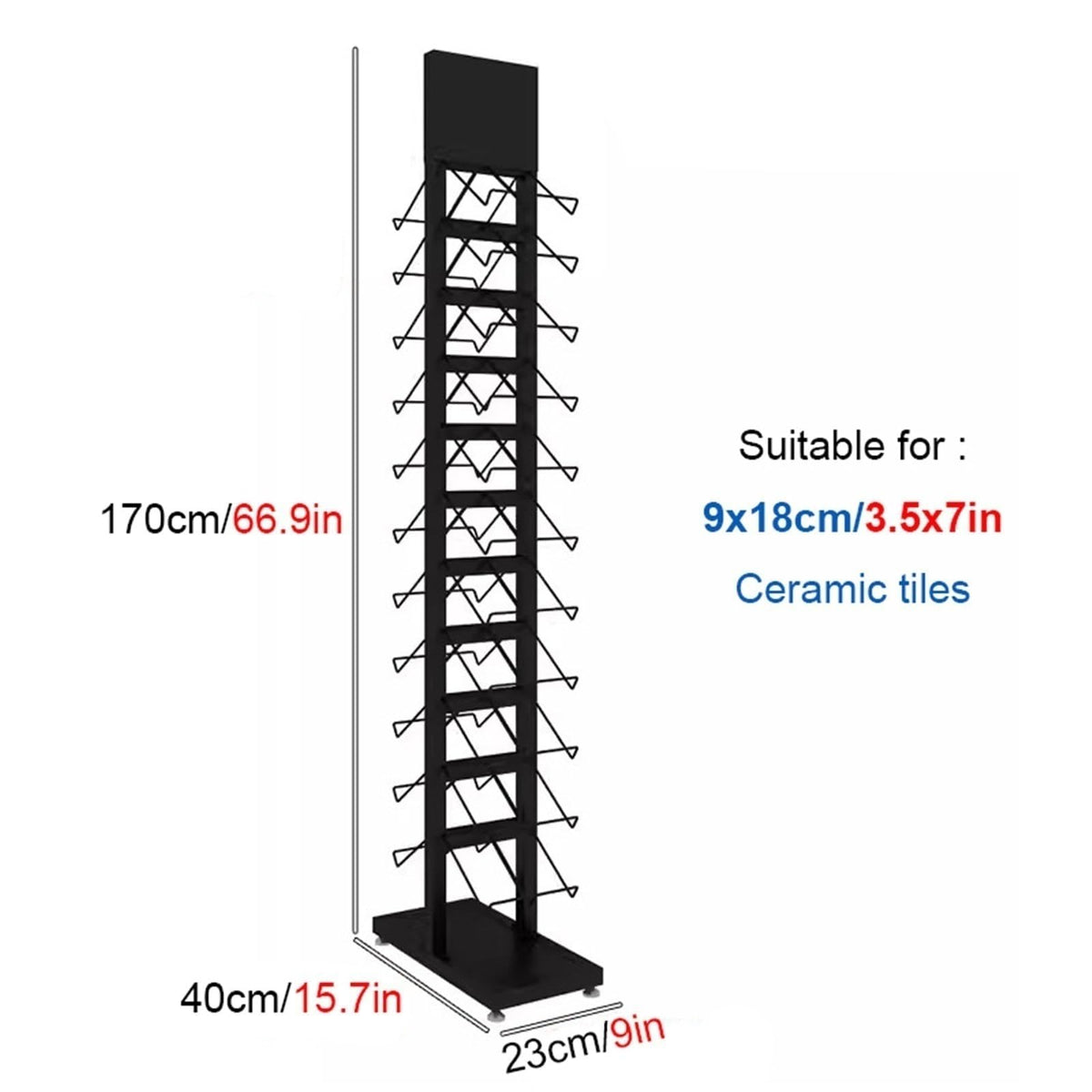 DFTWJMA Commercial Floor Tiles Sample Rack with Double-Side Shelf, Heavy Duty Retail Display Stand for Wooden Boards/Door Templates, Large Capacity & Space Saving,9x15.7x66.9in/23x40x170cm