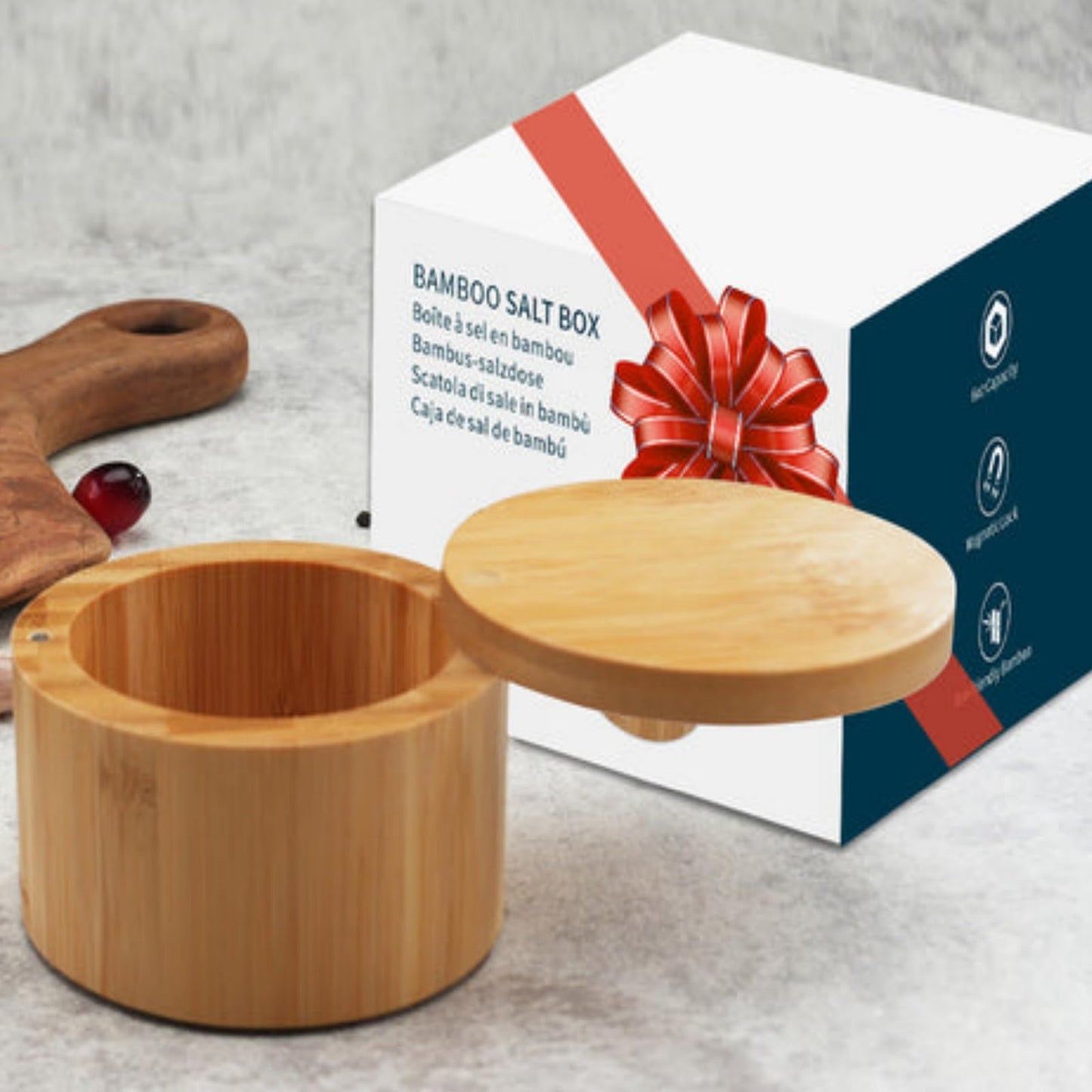 Pochita Global Bamboo Salt Cellar Bowl Box with Swivel Magnetic Lid to Avoid Dust, Elegant Kitchen Salt Container Holder with to Storage Pepper Spice Bath & Sea Salts, 6OZ（Built-in Spoon）