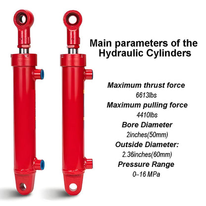 RHKING 2x8 Hydraulic Cylinder 3 Ton Double Acting Welded Hydraulic Cylinder 2" Bore x 8" Stroke with 3/8" JIC 37°(9/16"-18 Thread) Hydraulic End Connectors Maximum Thrust Force 6613lbs
