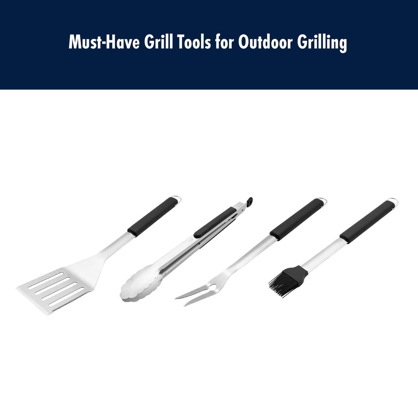 HENCKELS BBQ Grill Tool Set, 4-Piece Stainless Steel Barbecue Accessories with Spatula, Tongs, Fork & Basting Brush, Heavy Duty Outdoor Grilling Kit for Camping, Tailgate & Backyard Cooking