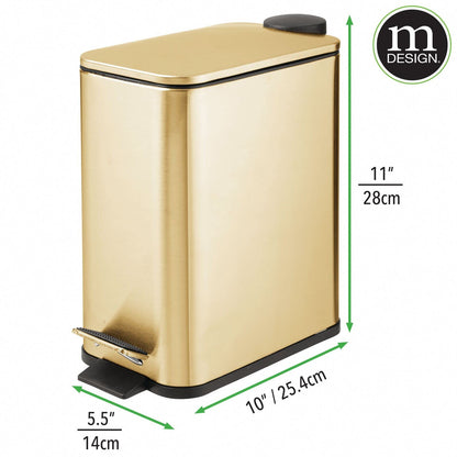 mDesign 1.3 Gallon Rectangular Slim Metal Trash Can w/ Foot Pedal, Easy-Close Lid, Narrow Wastebasket, Garbage Container Bin - Bathroom, Bedroom, Kitchen, Home Office, Removable Liner- Soft Brass