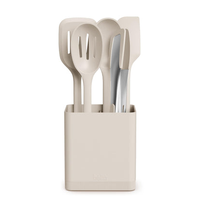 bella 6-Piece Modular Tool Set, Silicone, Turner, Spoon, Slotted Spoon, Spatula, Tongs, Crock with removable divider, Non-toxic*, Food-grade, Heat safe to 425°F, Dishwasher Safe, Slate