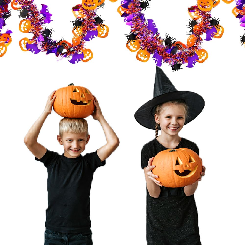 66 Ft Halloween Tinsel Garland with Orange Pumpkin Black Spider Purple Bat Glitter Tinsel Garland for Home Tree Ornaments Indoor Outdoor Party Halloween Decorations