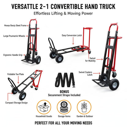 Suzhi Convertible Hand Truck Dolly Cart Heavy Duty/with 4 Wheels,Industrial Grade,1000 Lbs Load, 2 Straps for Moving Furniture/Appliance/Carton/Warehouse/Office / 10 Minutes' Install as Video