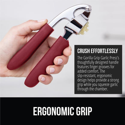 GORILLA GRIP Garlic Press and Peel Set, Heavy Duty Mincer Tool, Large Ergonomic Handle, Easily Mince and Crush Garlics, Ginger, Nuts, Seeds, Peeler Included, Peeling Cloves, Kitchen Gadgets, Red