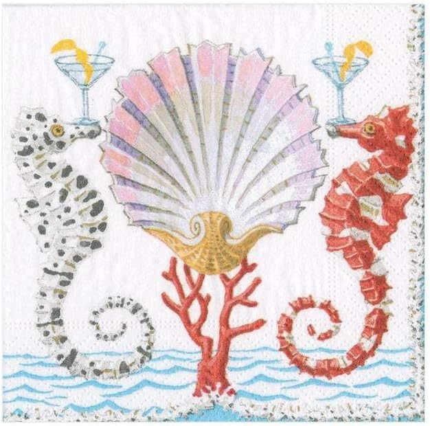 Caspari Seahorses and Shell Paper Cocktail Napkins - Two Packs of 20