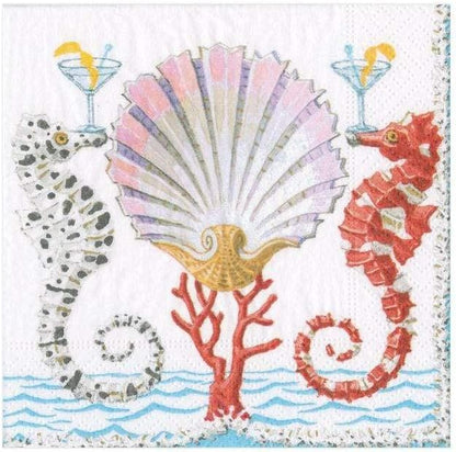 Caspari Seahorses and Shell Paper Cocktail Napkins - Four Packs of 20