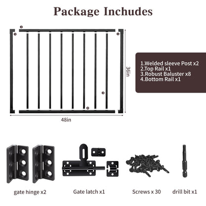 Outdoor Deck Gate Kit, 36" H x 48" W Heavy Duty Fence Gate Kit with Gate Hinges and Latch, Weatherproof Anti-Rust Metal Gate for Decks, Railings,Patios, Gardens, Yards(36" H)