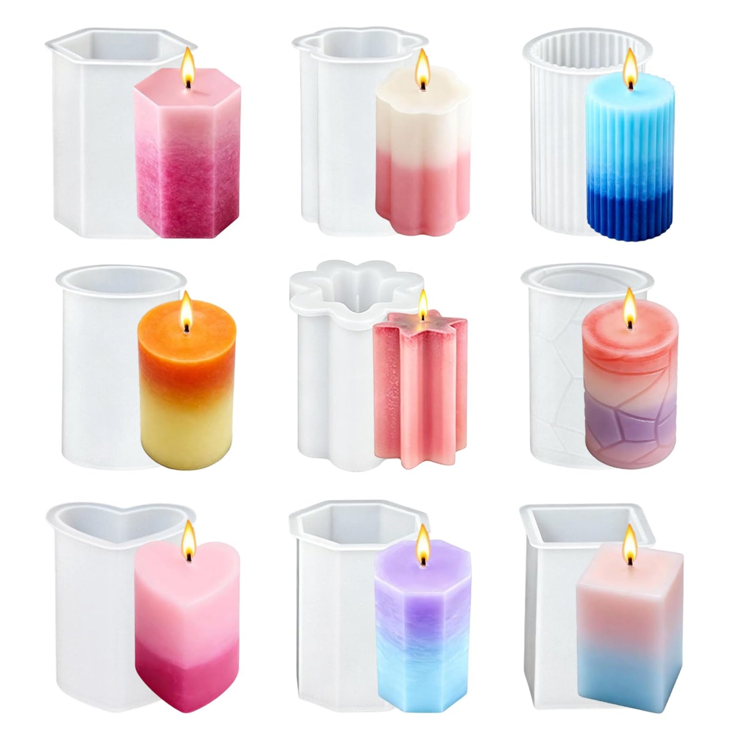 DJBVHSF 9 Pack Reusable Silicone Candle Molds Set, Easy Release Cylinder, Hexagon, Heart and Star Resin Soap Molds for DIY Candle Making, Crafts and Home Decor