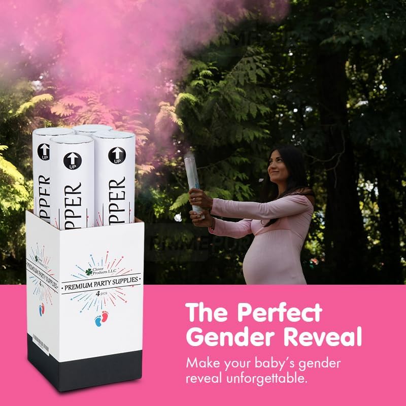 Clover Products Premium Gender Reveal Powder Cannon, 4 Pack with 2 Pink & 2 Blue, 12 Inch Compressed Air Powered