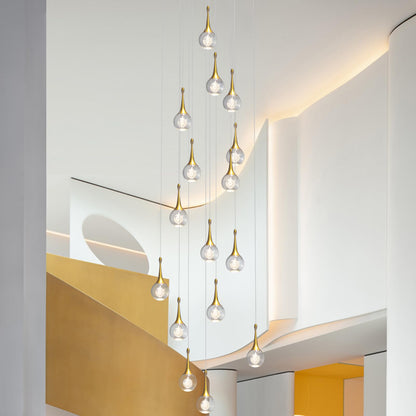 GINSENGLUX Gold LED Staircase Chandelier for High Ceiling, Gold LED Dimmable Remote, Modern Crystal Teardrop Long Hanging Pendant Light for Stairwell Living Room Entryway Stair Foyer, H118in 16 Lights