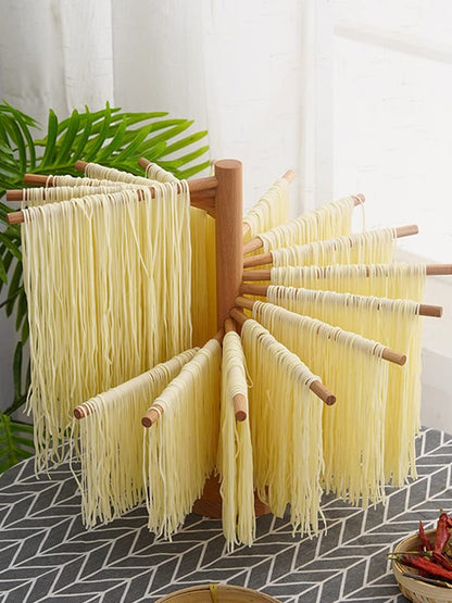 Collapsible Pasta Drying Rack Wooden Spaghetti Stand Dryer with 16 Suspension Rods Homemade Fresh Noodle Hanger Easy Storage(Log Color)