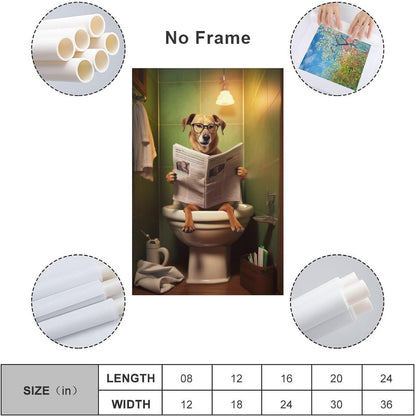 FireDeer Funny Bathroom Canvas Wall Art - Dog Reading Newspaper on Toilet Poster Humor Painting for Farmhouse Decor