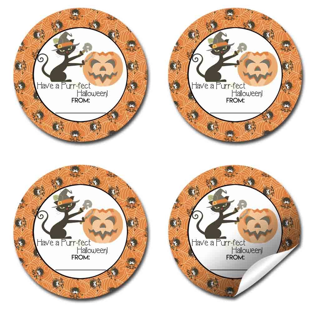 Purr-FECT Halloween Black Cat Themed Halloween Thank You Sticker Labels, 40 2" Party Circle Stickers by AmandaCreation, Great for Party Favors, Envelope Seals & Goodie Bags