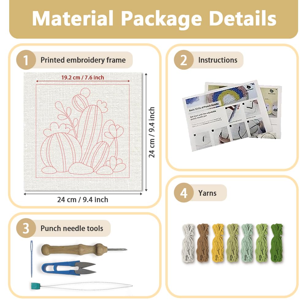 Doodlream Cartoon Cactus DIY Punch Needle Embroidery Kit for Adult Beginner, 9.4" Cactus Punch Stitching Craft Set for Starter with Frame, Fabric Pattern, Threader, Yarn, Pinch Needle