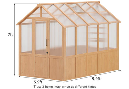 EROMMY 6x10 FT Wooden Greenhouse for Outdoors, Walk-in Greenhouse Kit with 4mm Polycarbonate Panels, Adjustable Roof Vent, Lockable Door, Backyard Greenhouse for Plants and Vegetables