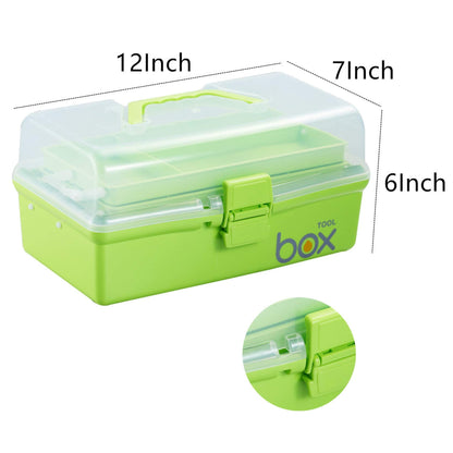 Kinsorcai 2PCS 12'' Three-Layer Clear Plastic Storage Box/Tool Box, Multipurpose Organizer and Portable Handled Storage Case for Art Craft and Cosmetic (Green)