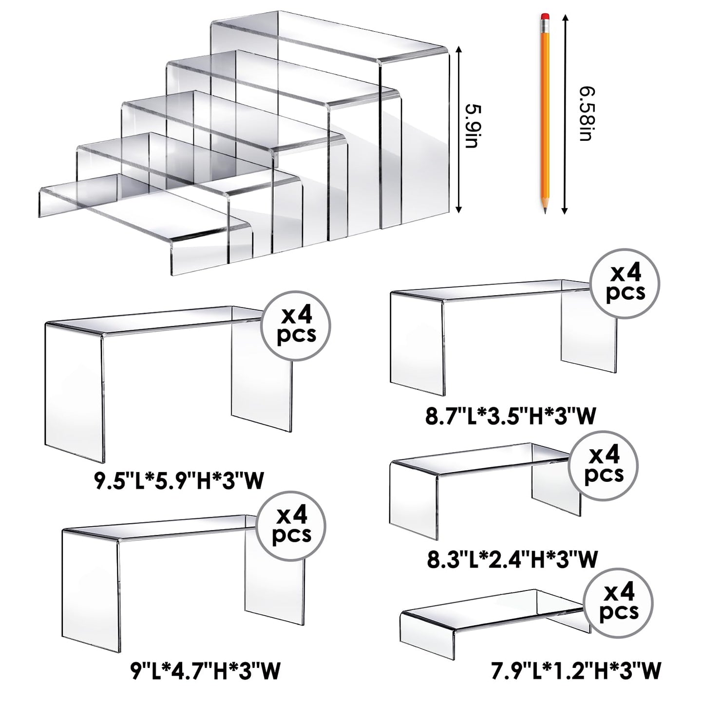 Fixwal 20pcs Large Acrylic Risers 4 Set Acrylic Display Stand Perfume Organizer Stands Clear Rectangular Dessert Table Display Set, Display Shelf for Show Cupcake, Figures, Jewelry, Toys