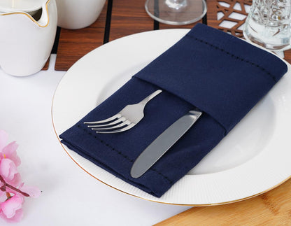 Blue Needles Navy Blue Hemstitch Linen Napkins Set of 12-100% Cotton Cloth Dinner Napkins 18x18 inches, Soft, Reusable, Absorbent, Washable Ideal for Spring Summer Easter Parties & Everyday Use