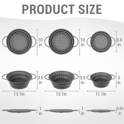 Afarnook 3 Pack Collapsible Colander with Strainer Bowl Set, 11 & 13 In BPA-Free Silicone Colanders for Kitchen, Heat-Resistant Space-Saving Strainer Dishwasher Safe Baskets for Vegetable Fruits(Grey)