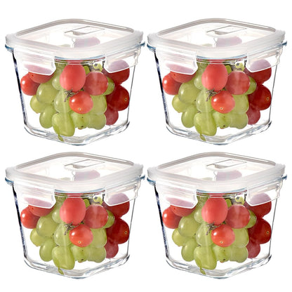 H.JSS WDJS 4 Cup Square Glass Food Storage Container with Lids, Square Glass Soup Container with Airtight Lids, 32 OZ Food Prep Bowls for Leftovers, Salad, Microwave、Fridge、Dishwasher Safe (4 Pack)