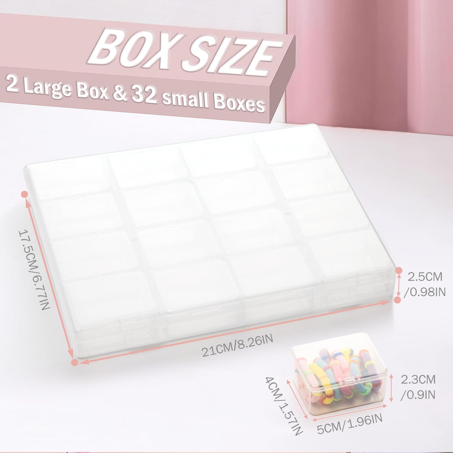 CINDALOG 2PACK Bead Storage Containers, 32 Grids Clear Plastic Bead Organizer Craft Organizers and Storage Box with Secure Hinged Lid for Jewelry Charms, Nail Jewelry Rhinestones, DIY Supply Case