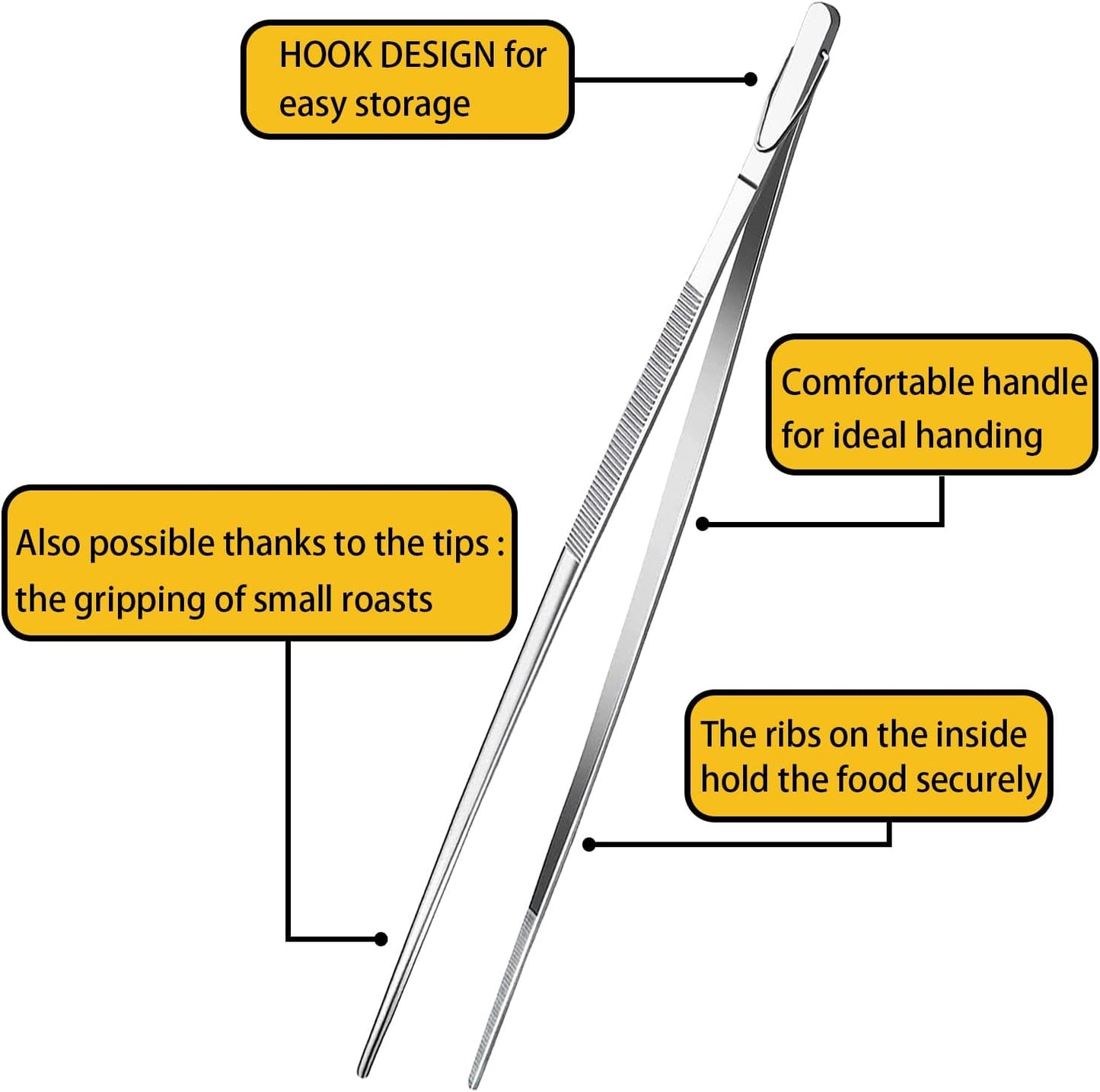 JETKONG 12-Inch Extra-Long Kitchen Tweezers, Fine Tweezer Tongs in Stainless Steel for Cooking