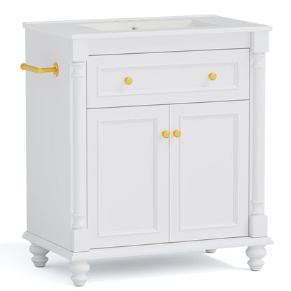 YESHOMY 30" Bathroom Vanity with Sink, Freestanding Bathroom Vanity with Integrated Ceramic Basin, 1 Flip-Down Drawer, 2 Doors & Adjustable Shelf, Bathroom Storage Cabinet with Sink Combo Set, White