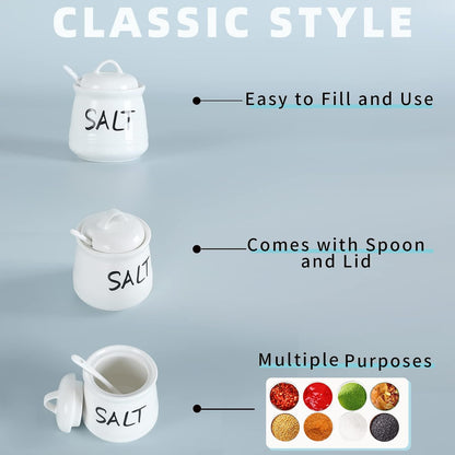 HAOTOP Salt and Pepper Bowls with Lid and Spoon - 12 oz Ceramic Cellar Set, Spice Box for Farmhouse Kitchen Decor