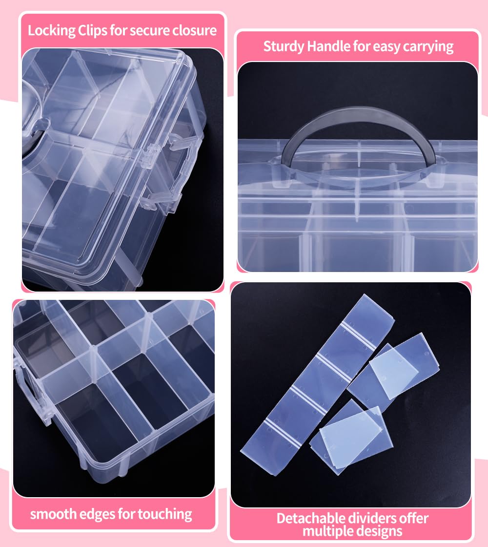 Praisebank 3-Layer Stackable Storage Container Box, 30 Dividers Compartments, Perfect for Storage Jewelry & Arts & Crafts & Sewing. (Pink)