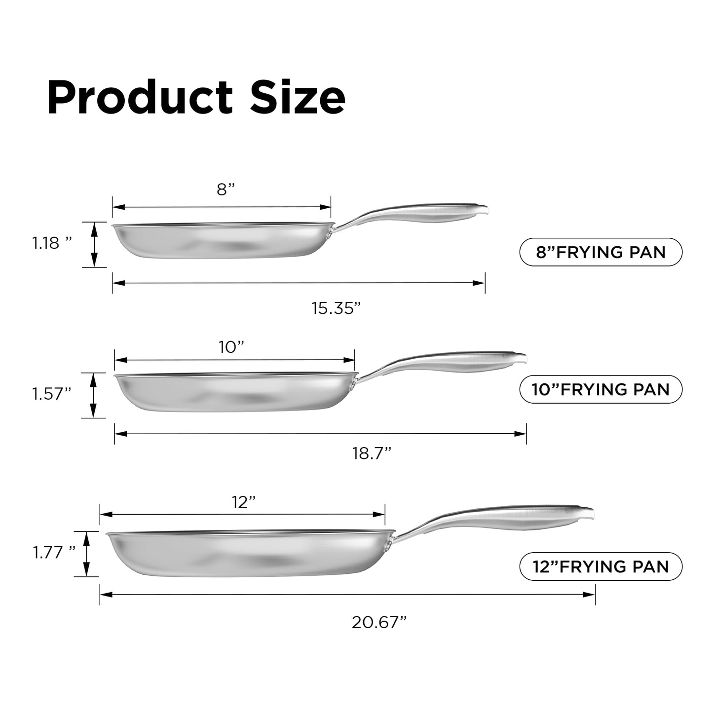 COOKER KING Stainless Steel Pans Set of 3 (8+10+12 Inch), Nonstick Frying Pans, Induction Pan Set, Chef's Pan, Skillets Dishwasher & Oven Safe, Stay-Cool Handles, Compatible with All Cooktops