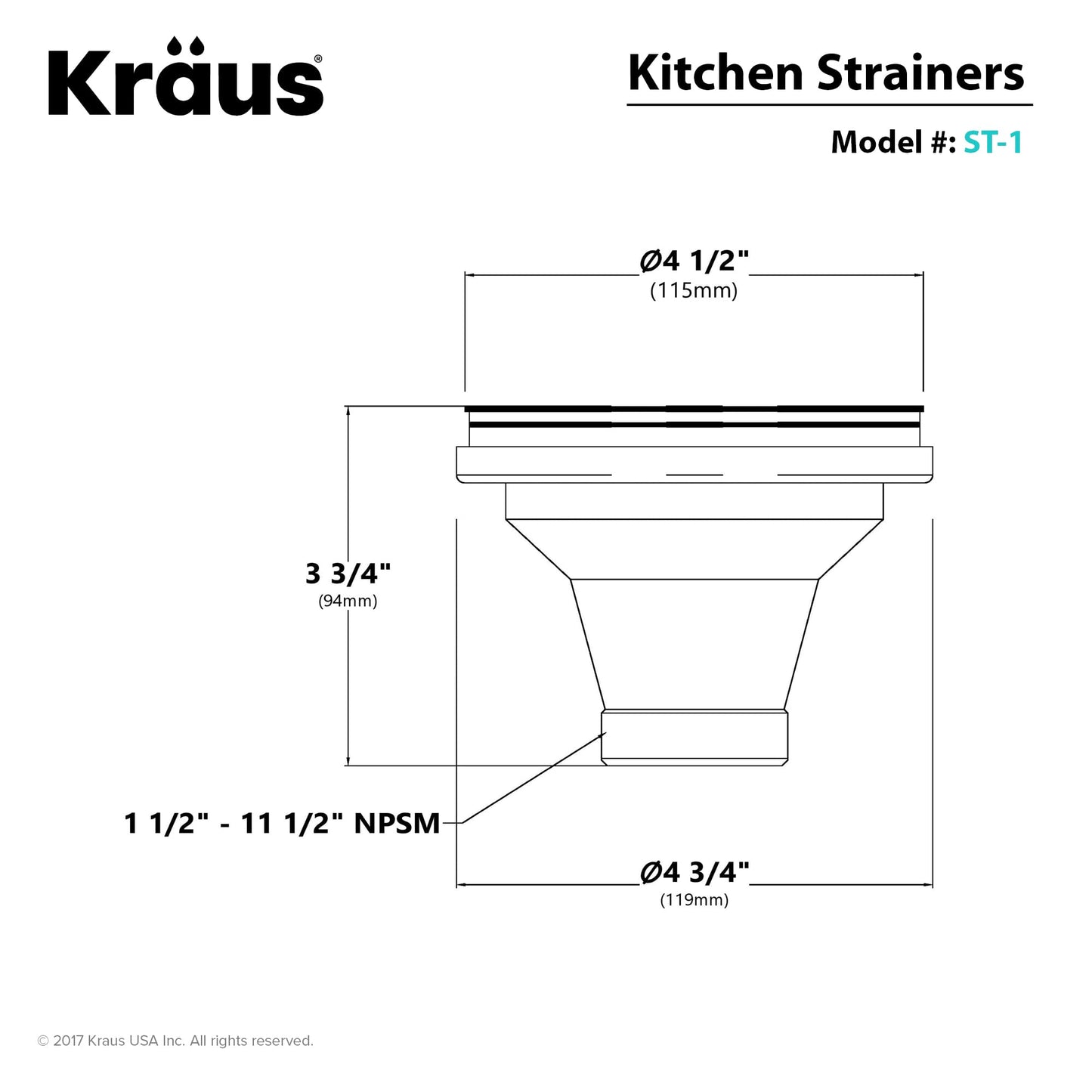 Kraus Kitchen Sink Stainless Steel Drain Assembly with Strainer, Fits Standard 3.5 in. or 4 in. Drain Openings