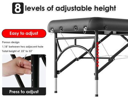 CLORIS 84" Professional Massage Table Portable 2 Folding Lightweight Facial Salon Spa Tattoo Bed Height Adjustable with Carrying Bag & Aluminium Leg Hold Up to 1100LBS Black Widen
