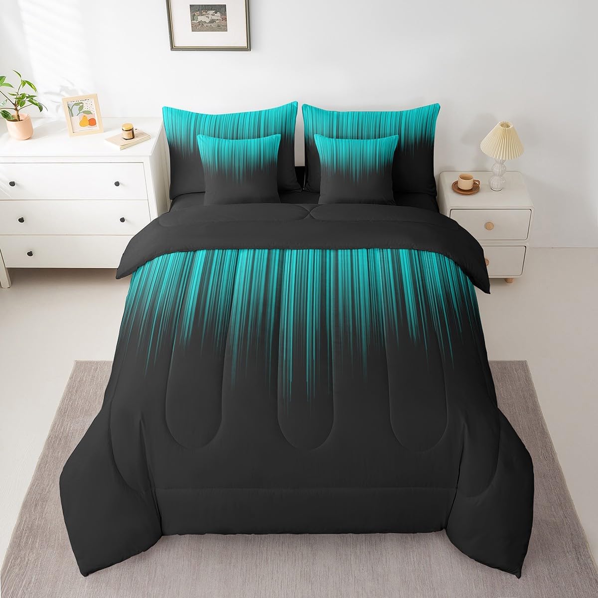Set 7 Set Feelyou Abstract Ombre Comforter with Sheets Kids Teens Teal and Black Girls Piece Bedding Room Decor Fashion