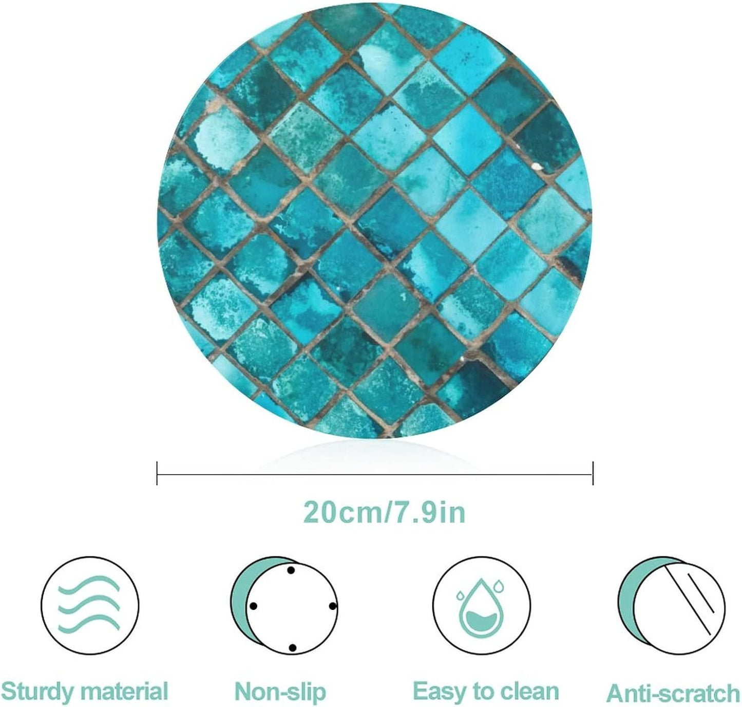 Tempered Glass Cutting Board, Turquoise Blue Pattern, 8" Round Kitchen Decorative Chopping Board