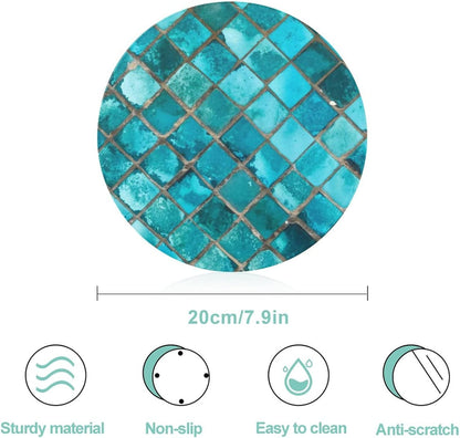 Tempered Glass Cutting Board, Turquoise Blue Pattern, 8" Round Kitchen Decorative Chopping Board