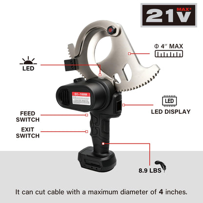 4” Battery Ratcheting Cable Cutters 21V 10lbs Cordless Electric Portable Heavy Duty Cable Cutting for Diameter Communications, Armored, Lead Sheath, Copper, Aluminum Cables