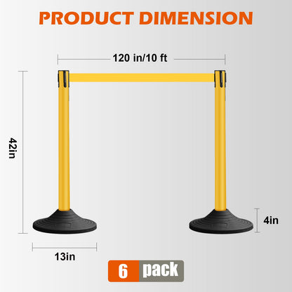 OranclUS 6 Pack Yellow Crowd Control Stanchions with 10FT Belts and Rubber Base, Queue Barrier Posts for Events, Stores, and Public Safety