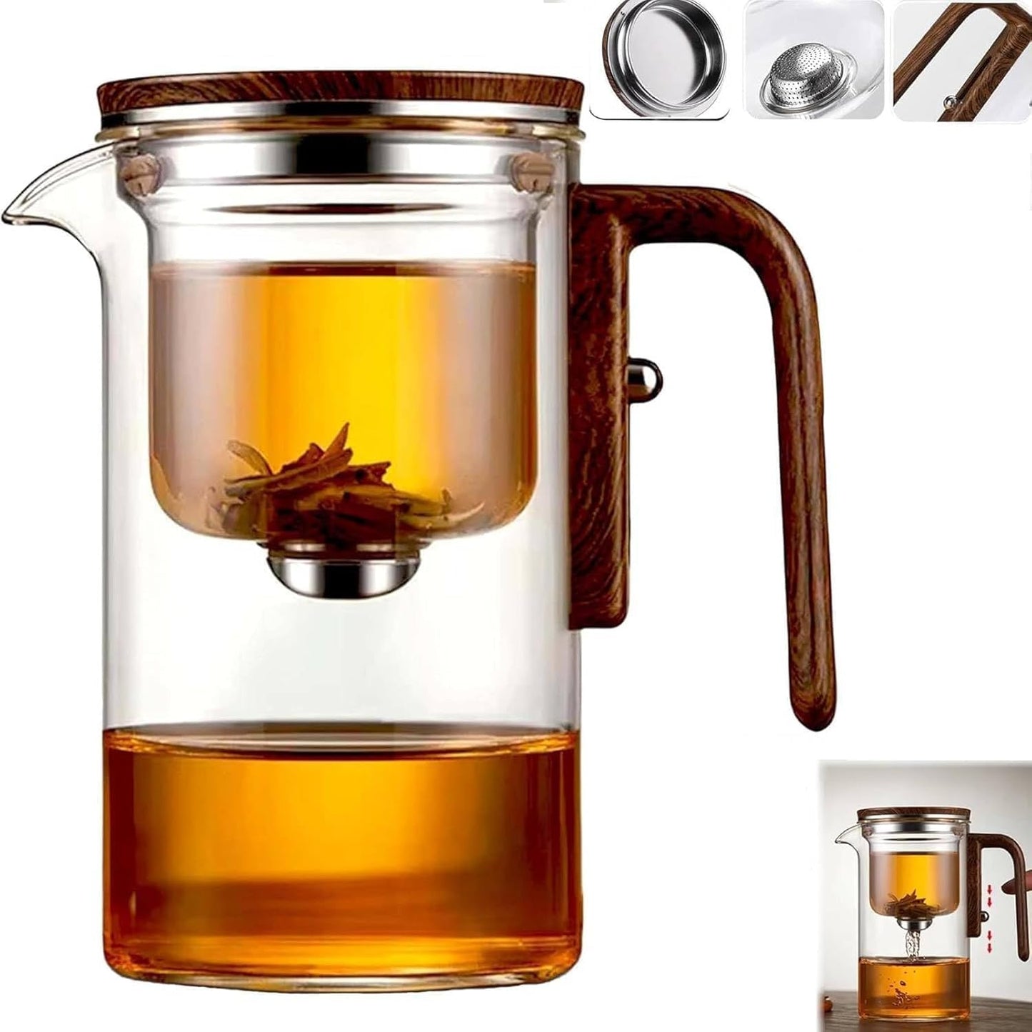 WCCDXGP 900ML Enchantipot Magic TeaPot, Water Separation Glass Tea Pot with Wooden Handle, Press Control Magic Tea