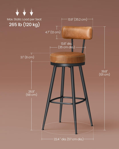VASAGLE EKHO Collection - Bar Stools Set of 4, Swivel Bar Height Bar Stools with Back, Synthetic Leather with Stitching, Mid-Century Modern, 30-Inch Tall Barstools for Kitchen Home Bar, Caramel Brown