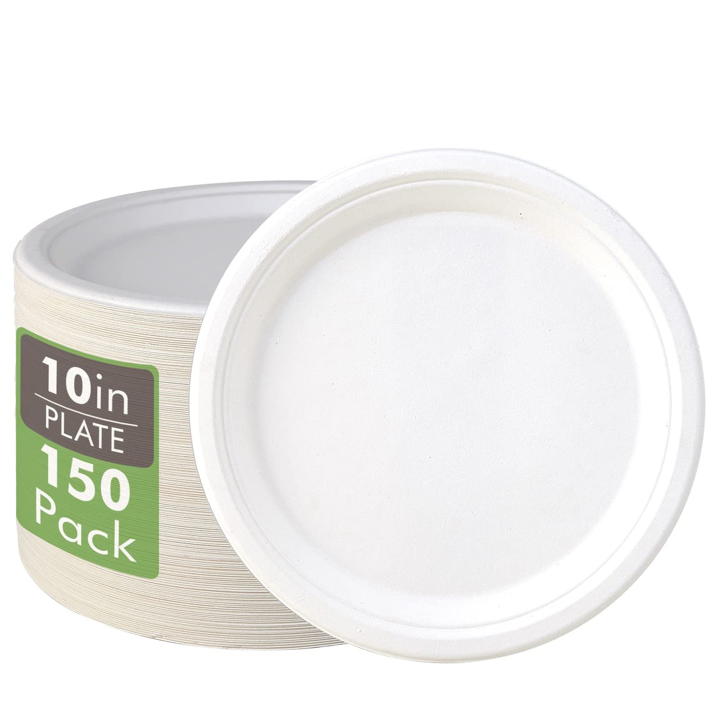 Vplus 150 Pack Compostable Disposable Paper Plates 10.25 inch Super Strong Paper Plates 100% Bagasse Natural Biodegradable Eco-Friendly Sugarcane(white)