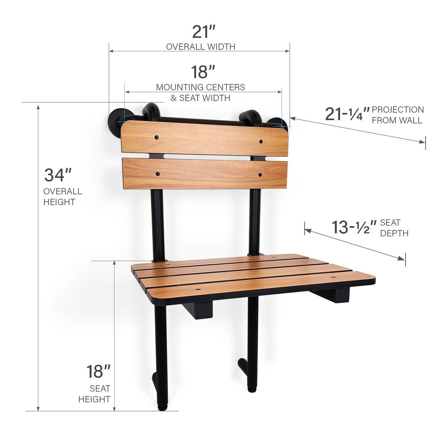 Seachrome Profile Folding Shower Seat with 18 inch Grab Bar, Removable Hanging Bench with Backrest & Legs, Teak Phenolic Seat, Black Semi-Gloss Grab Bar