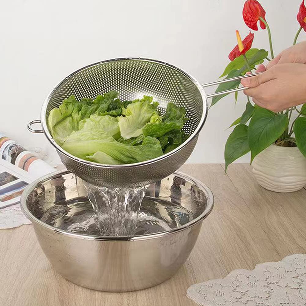 Stainless Steel Colander with Handle, Fine Mesh Strainer Kitchen Food Strainer, Large Metal Colander Great for Pasta, Noodles, Vegetables and Fruits(COLOR:Silver)