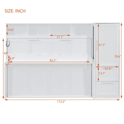 Merax Queen Size Murphy Bed, Modern Wall Bed with Storage Cabinets & Drawers, Space-Saving Foldable for Bedroom Guest Room Home Office Small Apartment, White
