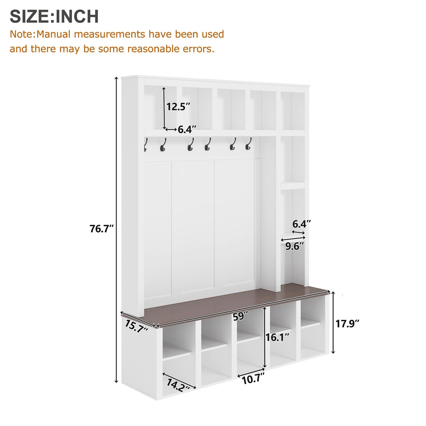 Merax Hall Tree with Bench and Shoe Storage, Farmhouse Wooden Coat Rack with 6 Hooks, Built-in 18 Open Compartments, for Entryway, Living Room, White