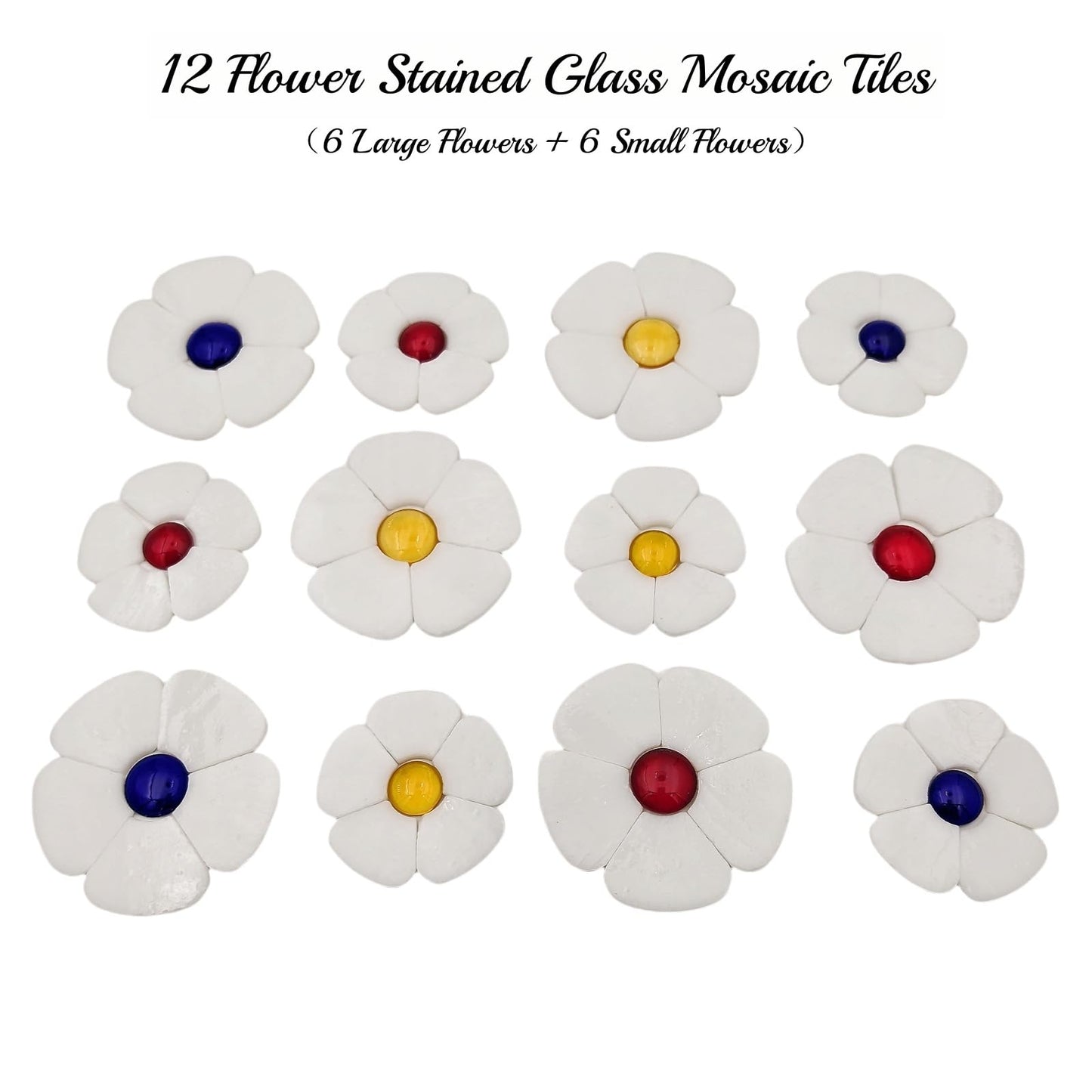 Esweny 12 Flower Stained Glass Mosaic Tiles - 2 Size Floral Petals & Flat Bead Mosaic Glass Pieces for DIY Art Crafts (White)