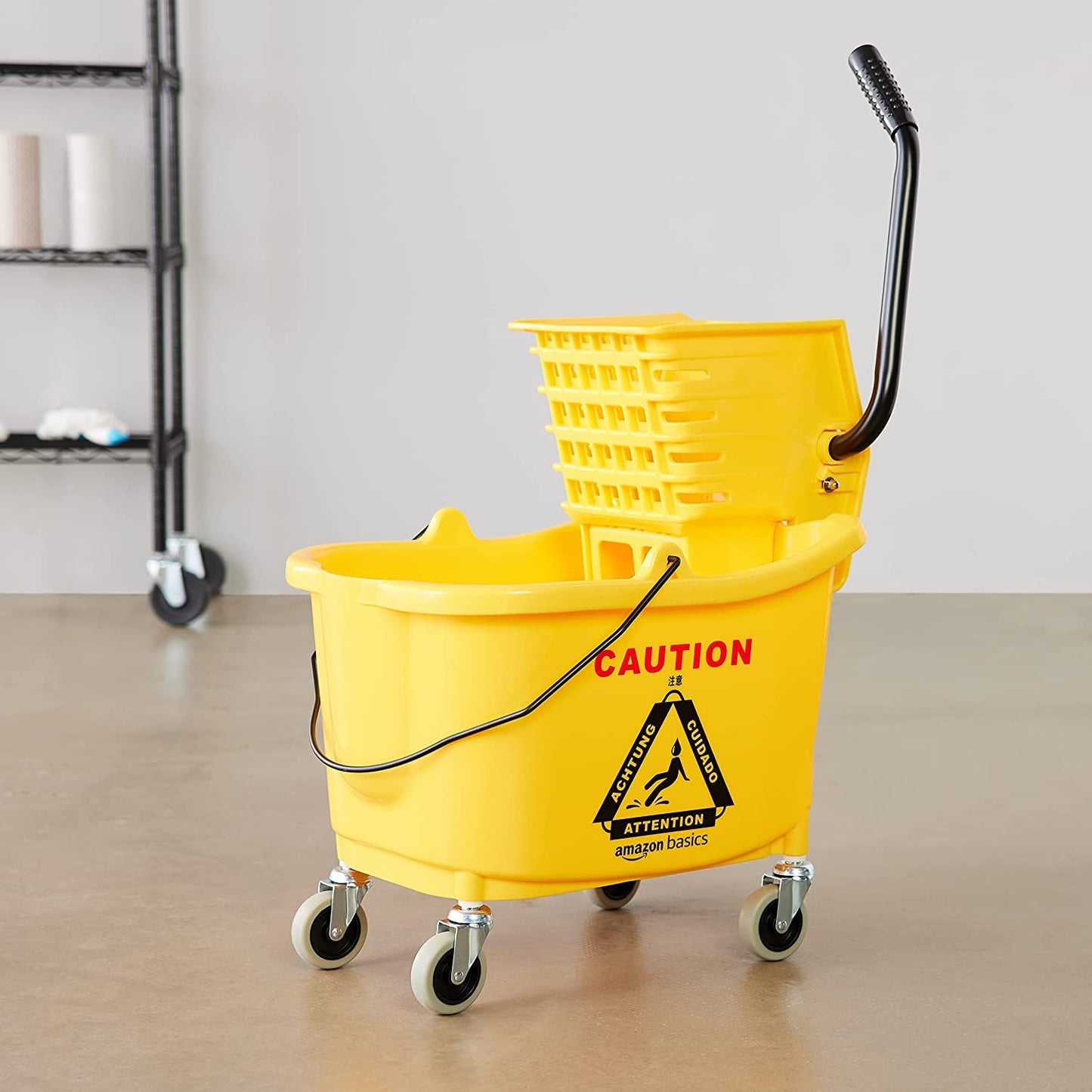 Amazon Basics Commercial Side Press Wringer Floor Cleaning Mop Bucket on Wheels, 35-Quart, Yellow
