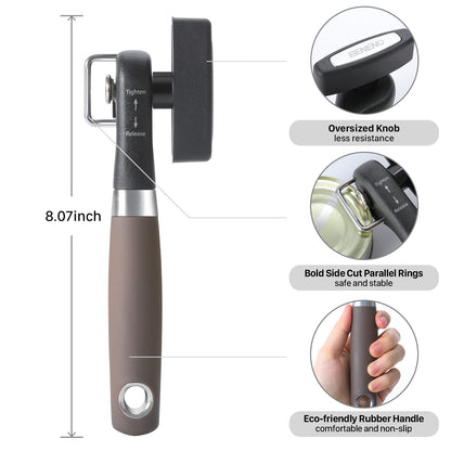 Beneno Can Opener, Manual Side Safe Cut Can Opener Smooth Edge with Durable Sharp Blade, Effort-Saving Knob & Comfortable Non-slip Handle, Brown